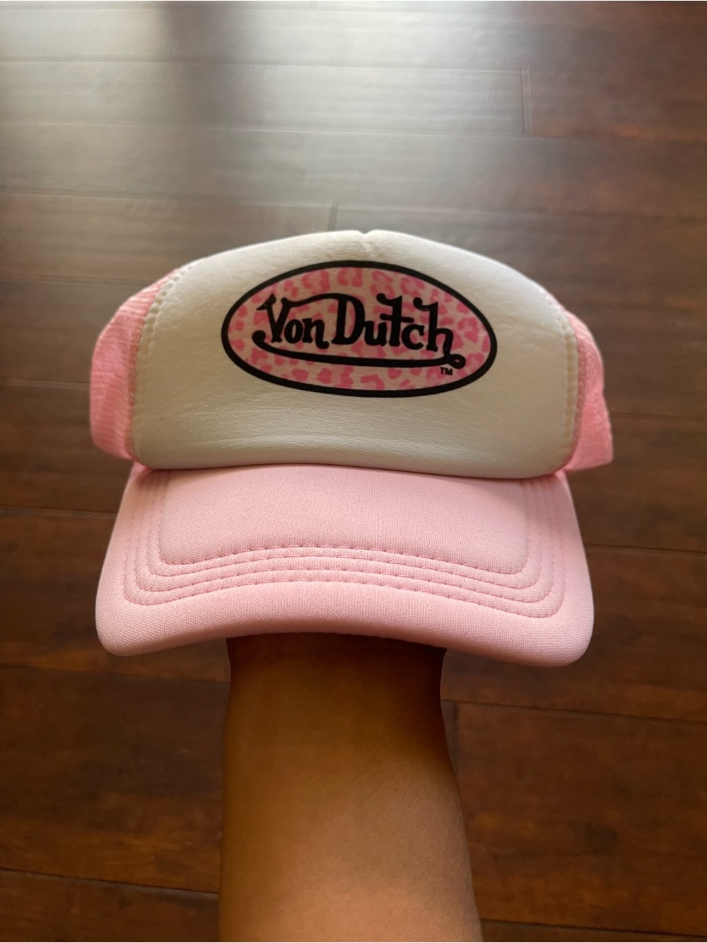 Von Dutch Pink and White Leopard Logo Trucker Hat